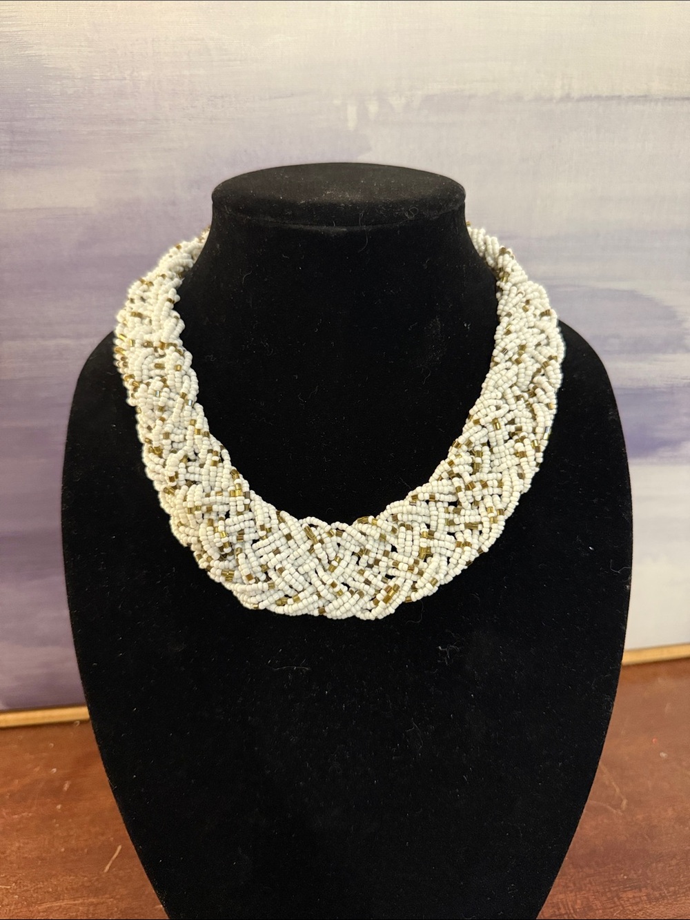 Handcrafted White and Gold Beaded Braided Necklace